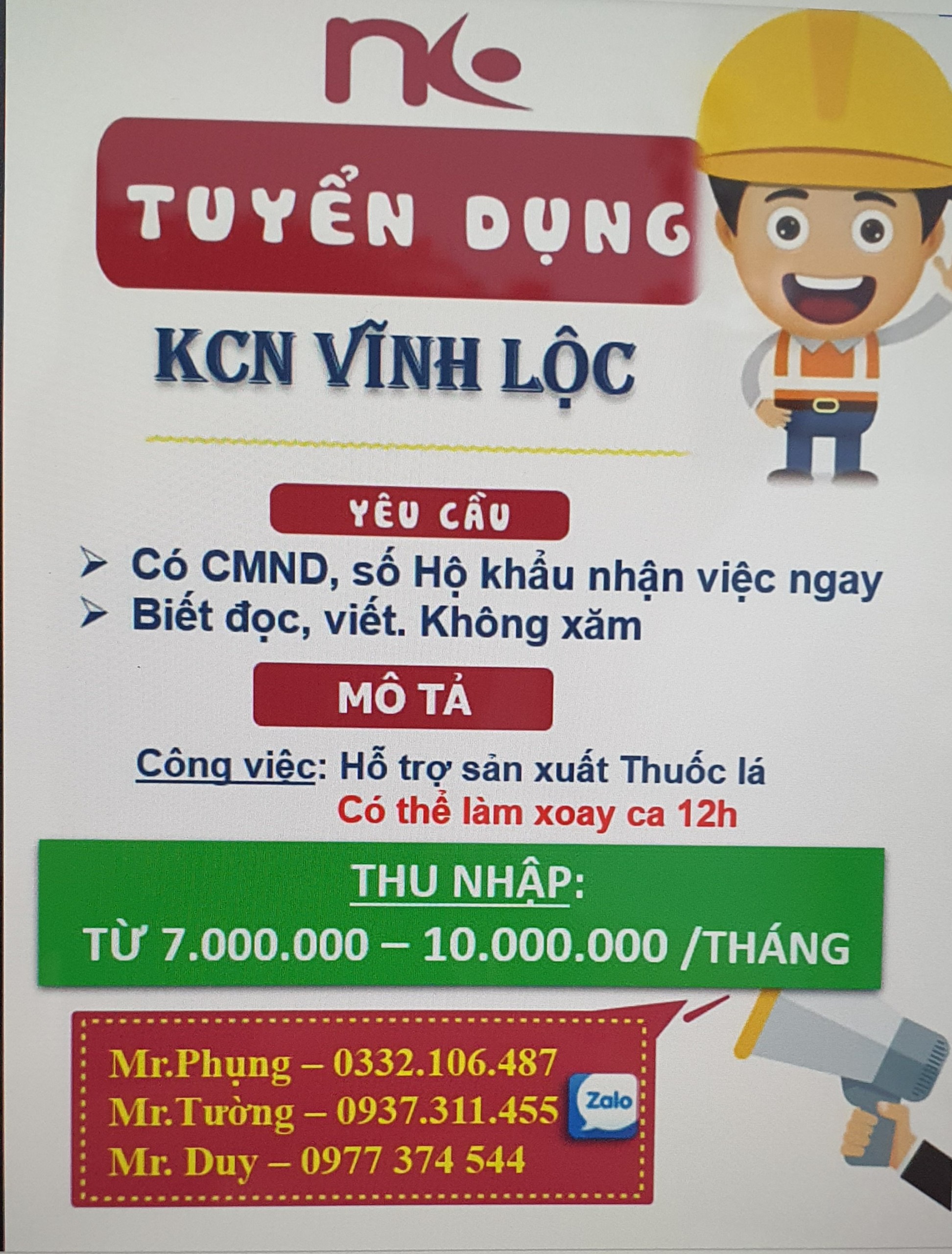 TUYỂN DỤNG LĐPT THUỐC LÁ