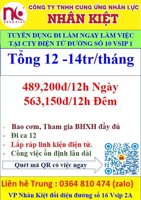 TUYỂN DỤNG GẤP 100 LĐPT LÀM TẠI CÔNG TY ĐIỆN TỬ Vsip 1