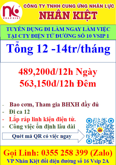 CÔNG TY NHÂN KIỆT CẦN TUYỂN GẤP 100 LĐPT LÀM VIỆC TẠI VSIP1