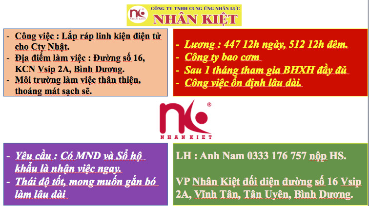 Công ty Nhân Kiệt tuyển gấp 100 LĐPT làm tại đường 16 VSIP2A . Lịch phỏng vấn ngày 25/2.