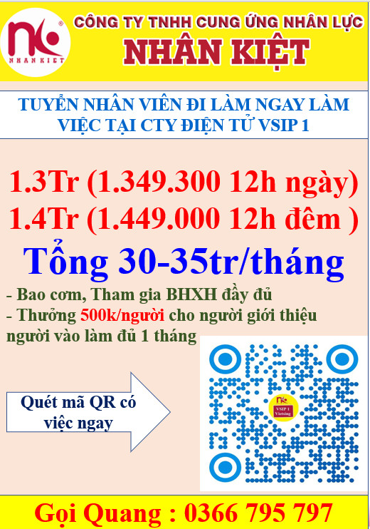 TUYỂN GẤP 100 LĐPT TẠI VSIP 1 LƯƠNG CAO.