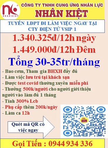 TUYỂN DỤNG 500 LĐPT LÀM ĐIỆN TỬ, ĐI CA 12H LƯƠNG 30-35TR/ THÁNG TAI VSIP1