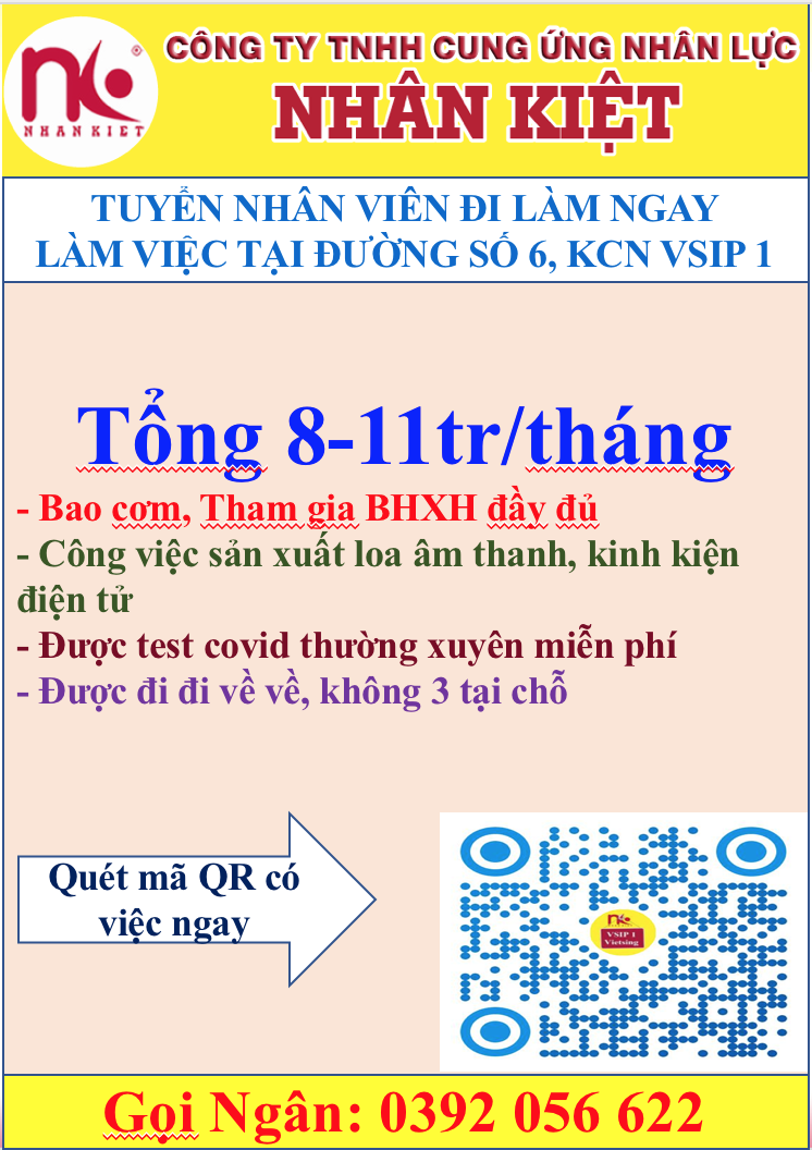 TUYỂN DỤNG 100 LĐPT LÀM VIỆC TẠI ĐƯỜNG SỐ 6, VSIP1