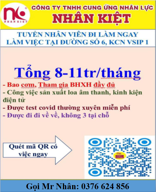 TUYỂN DỤNG 100 LĐPT LÀM VIỆC TẠI ĐƯỜNG SỐ 6, VSIP1