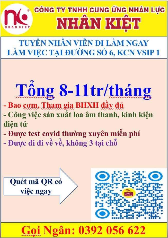 TUYỂN DỤNG 100 CÔNG NHÂN LÀM VIỆC TẠI VSIP 1
