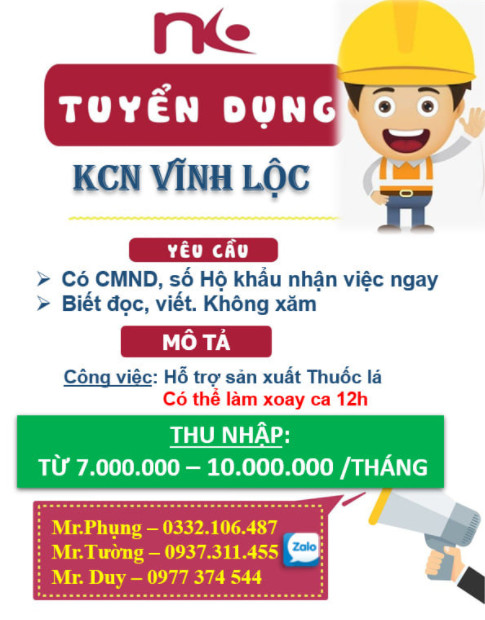 Tuyển dụng công nhân làm việc tại nhà máy KCN Vĩnh Lộc