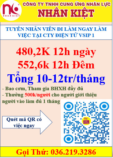 TUYỂN 100 LĐPT LÀM ĐIỆN TỬ TẠI VSIP 1 ĐI CA 12H