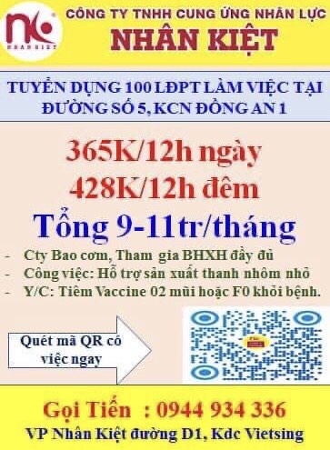 NHÂN KIỆT TUYỂN DỤNG 100 LĐPT SẢN XUẤT THANH NHÔM NHỎ TẠI ĐƯỜNG SỐ 05, KCN ĐỒNG AN. ( GẦN CẦU ÔNG BỐ)