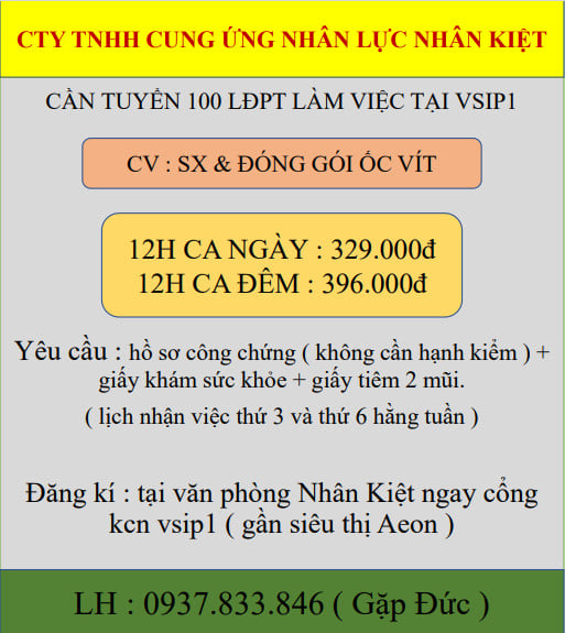 Tuyển Dụng LĐPT Làm Việc Tại Vsip1