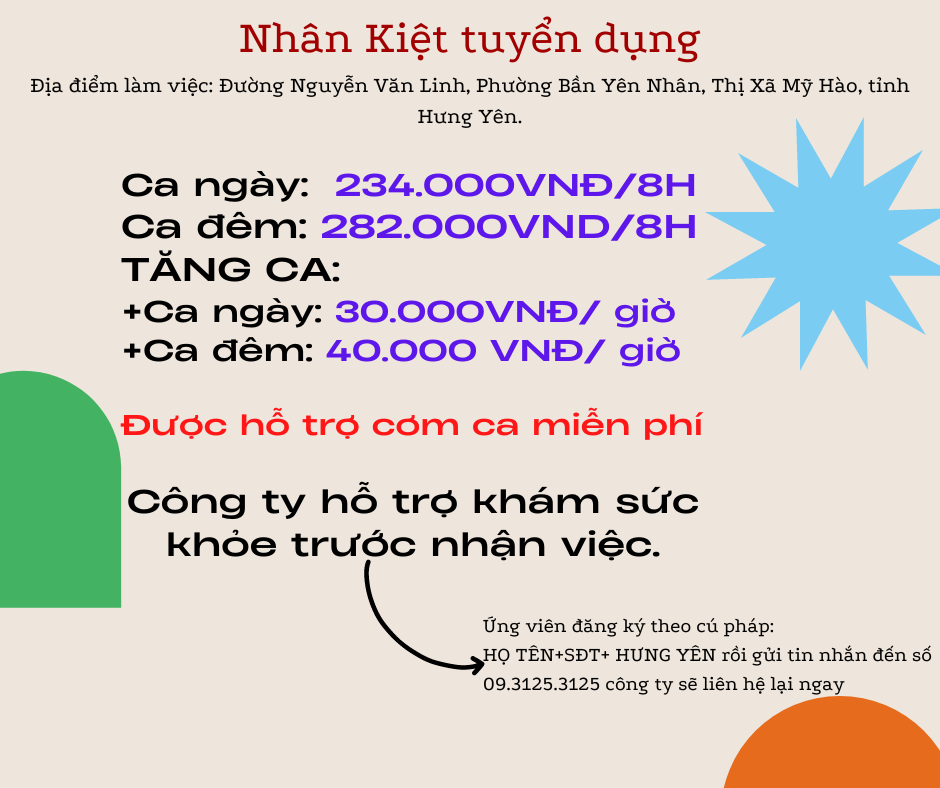 Tuyển dụng lao động phổ thông làm việc tại Hưng Yên