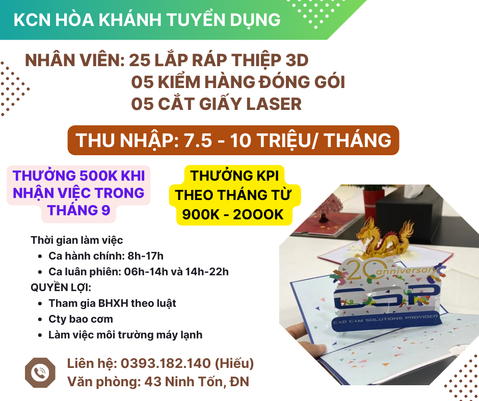 THƯỞNG THU HÚT NHẬN VIỆC TRONG THÁNG 09.2025 - VỊ TRÍ  LẮP RÁP THIỆP 3D