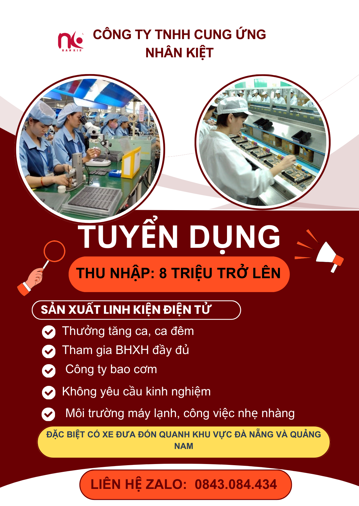 CÔNG TY NHÂN KIỆT CẦN TUYỂN NHÂN VIÊN SẢN XUẤT LINH KIỆN ĐIỆN TỬ
