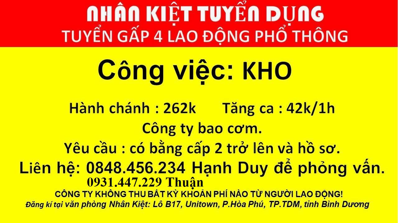 TUYỂN DỤNG LDPT LÀM CÔNG VIỆC KHO