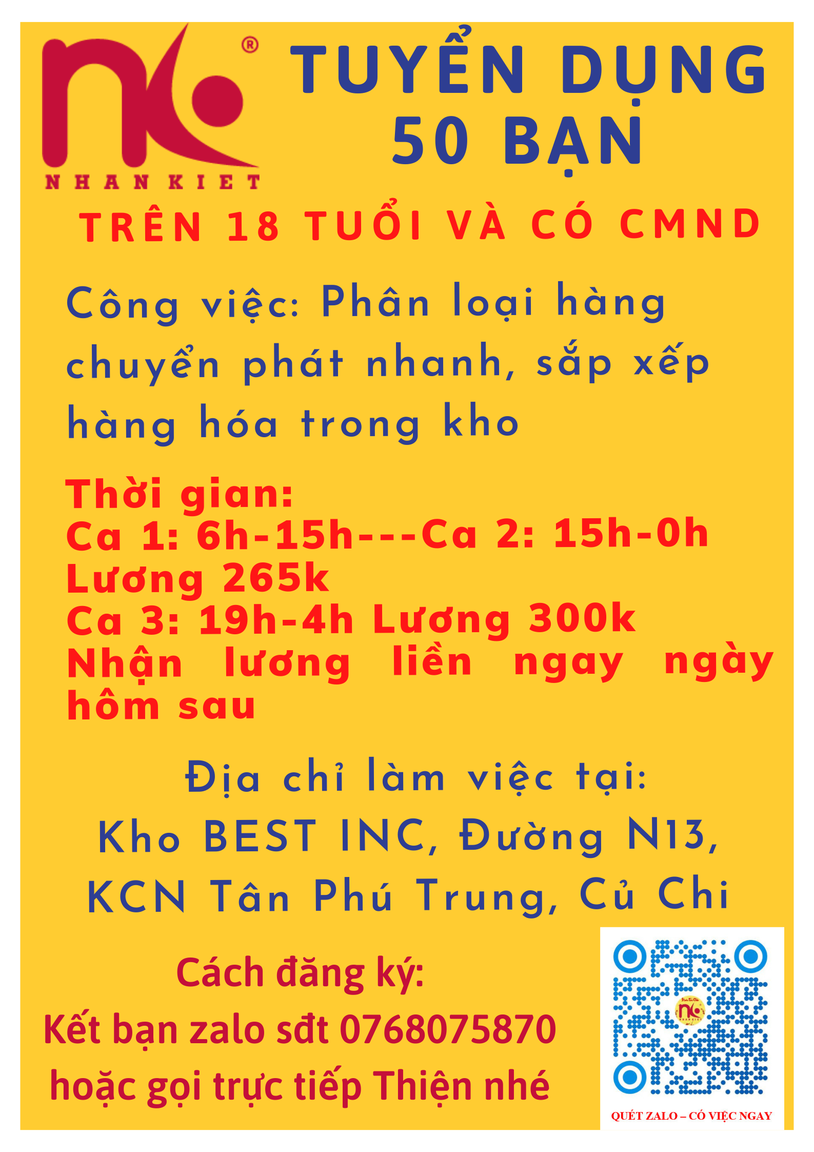 Tuyển 50 bạn phụ kho Củ Chi