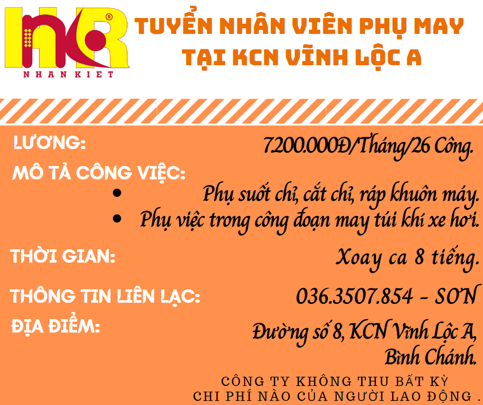 CUNG ỨNG NHÂN KIỆT TUYỂN NHÂN VIÊN MAY KCN VĨNH LỘC