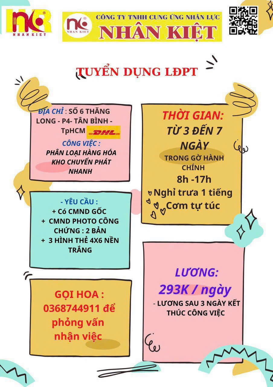 TUYỂN LĐPT - 293K/ NGÀY