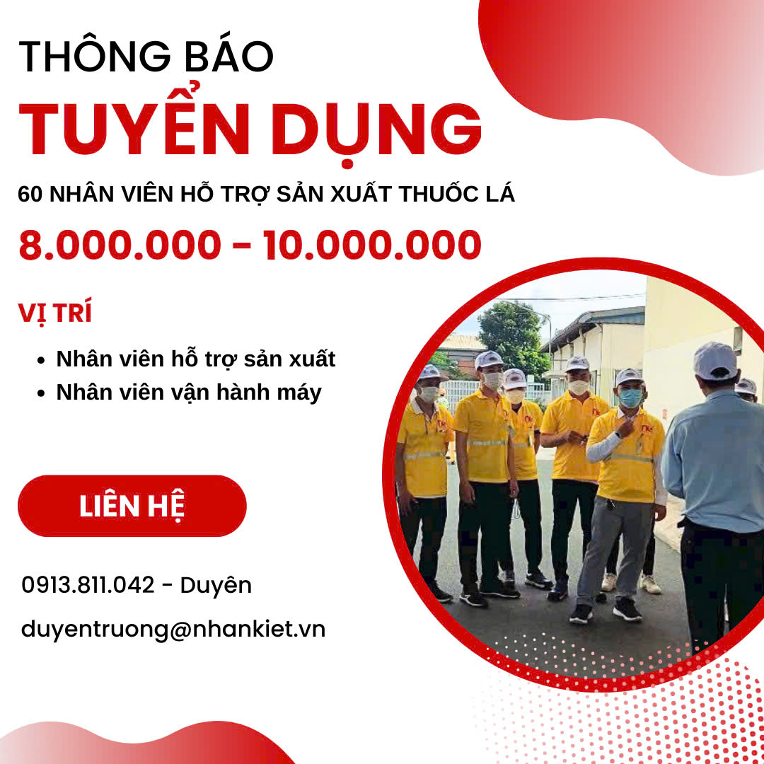 TUYỂN DỤNG 50 NHÂN VIÊN HỖ TRỢ SẢN XUẤT - NHÂN VIÊN VẬN HÀNH MÁY
