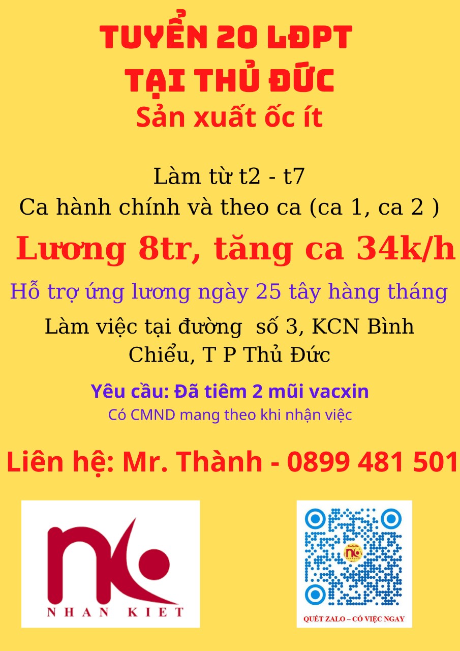 TUYỂN DỤNG 20 LAO ĐỘNG PHỔ THÔNG
