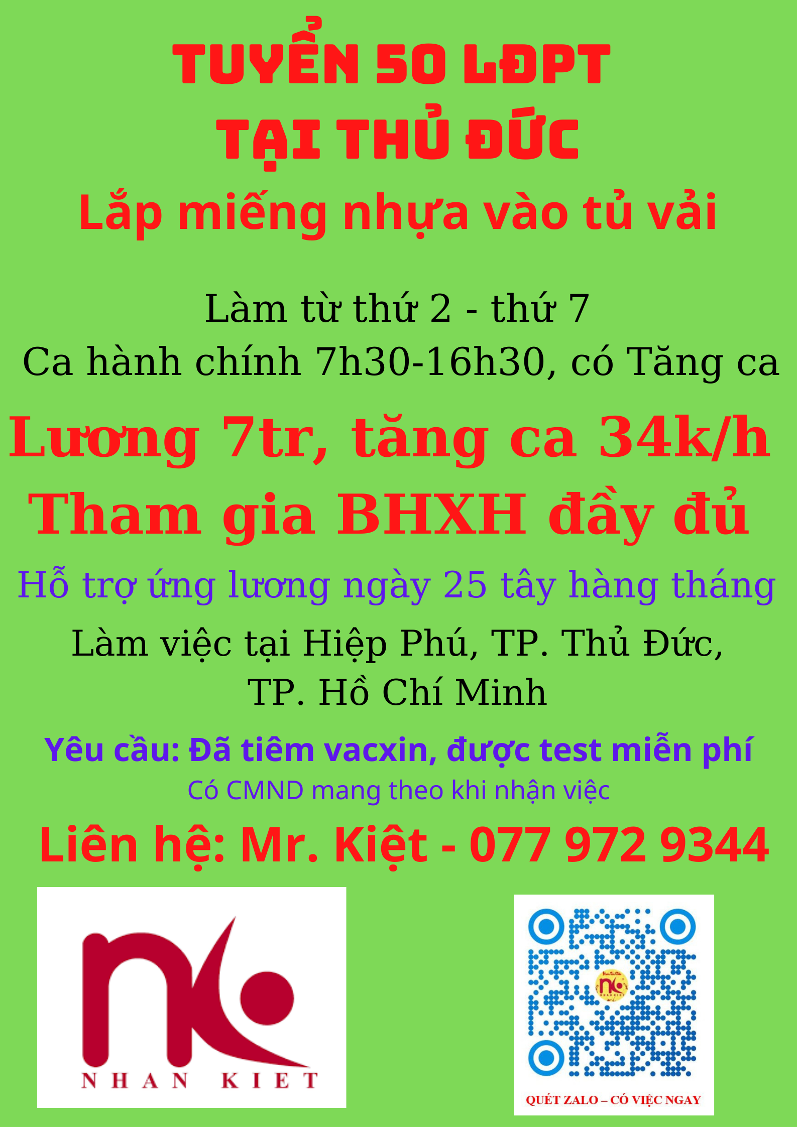 Tuyển dụng 50 bạn LĐPT tại Quận 9, Thủ Đức