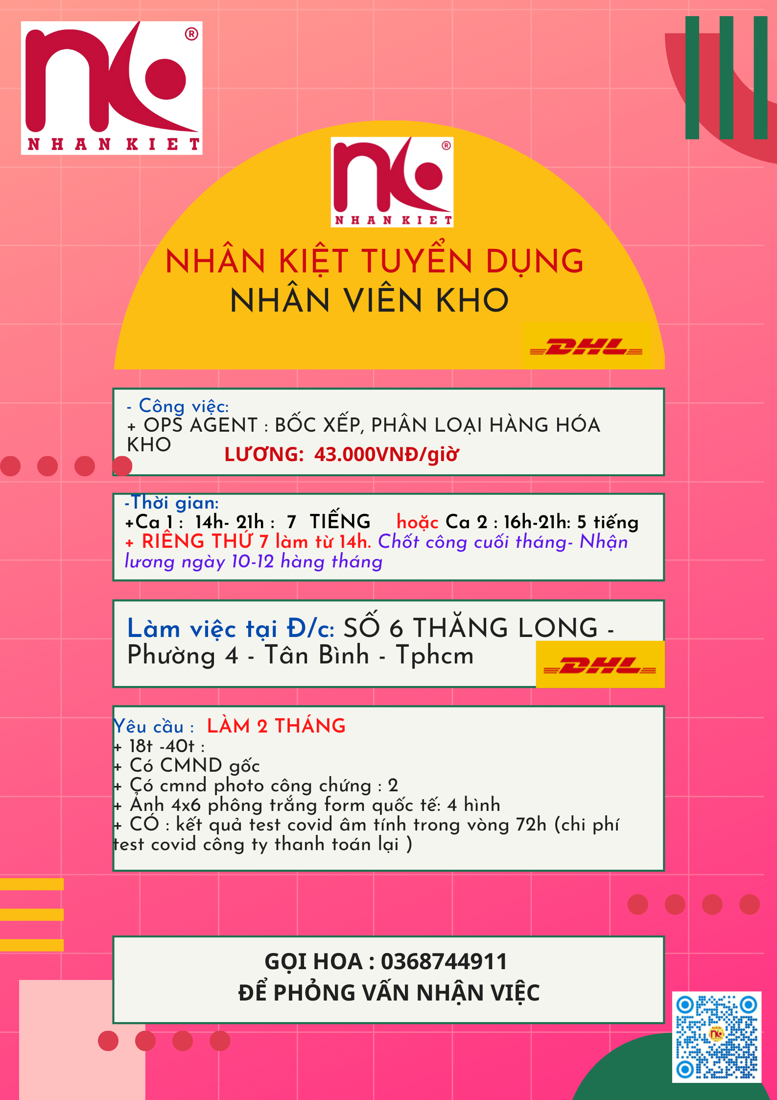 ops agent -  DHL - TUYỂN DỤNG LĐPT LÀM 2 THÁNG