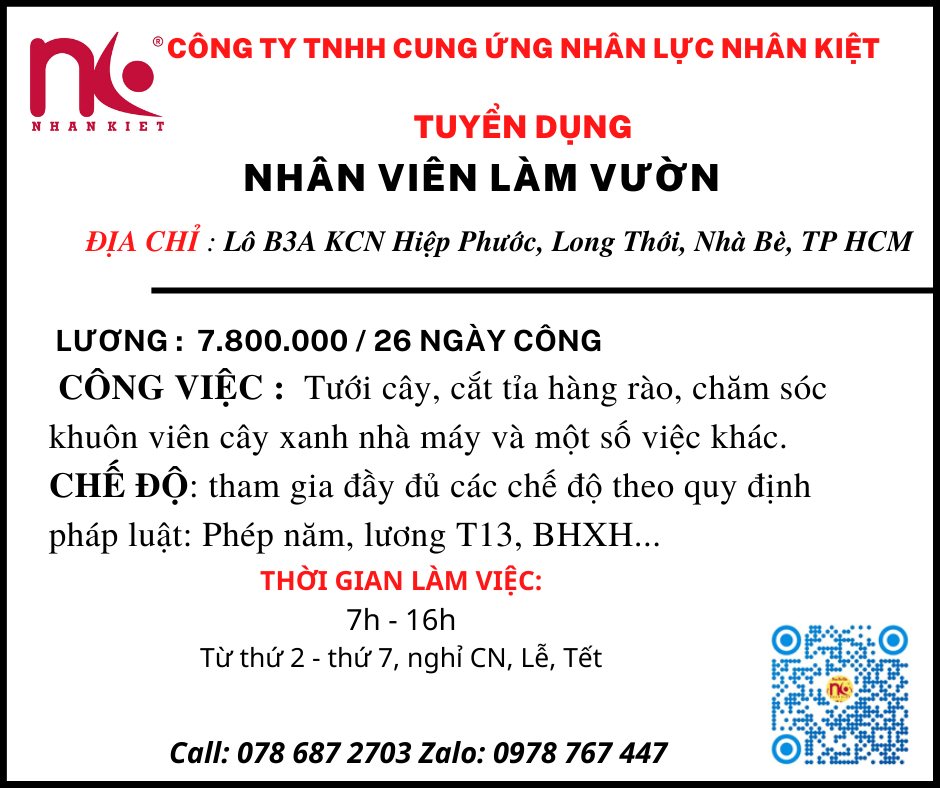 TUYỂN NHÂN VIÊN LÀM VƯỜN