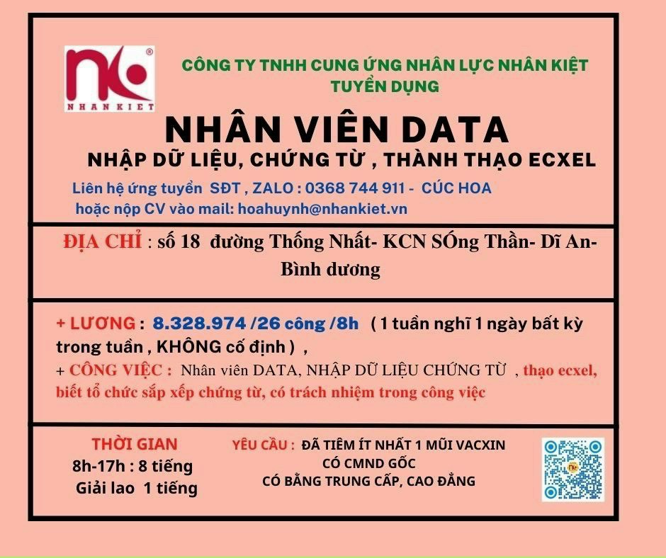 TUYỂN NHÂN VIÊN DATA - 18 ĐẠI LỘ THỐNG NHẤT - SÓNG THẦN - DĨ AN