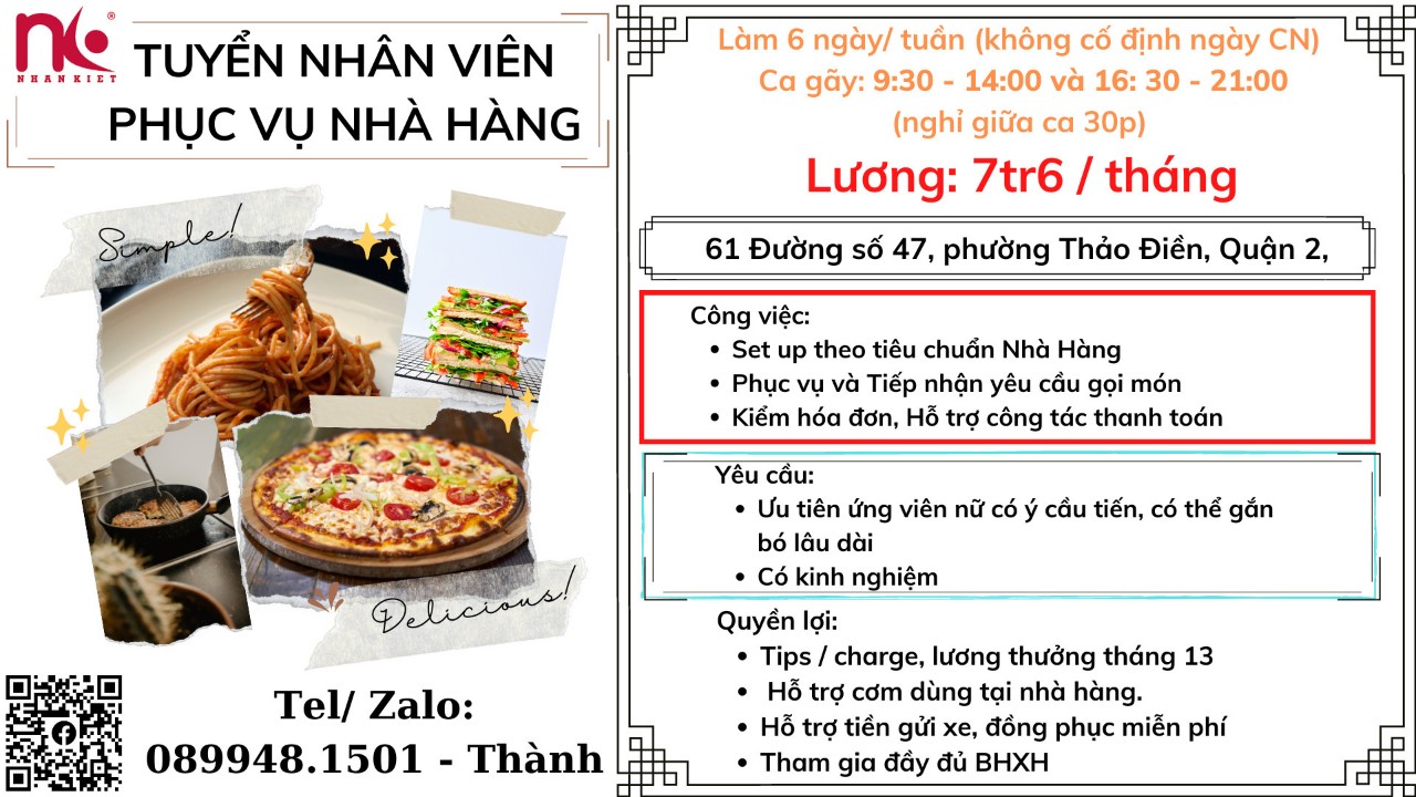 TUYỂN NHÂN VIÊN PHỤC VỤ NHÀ HÀNG